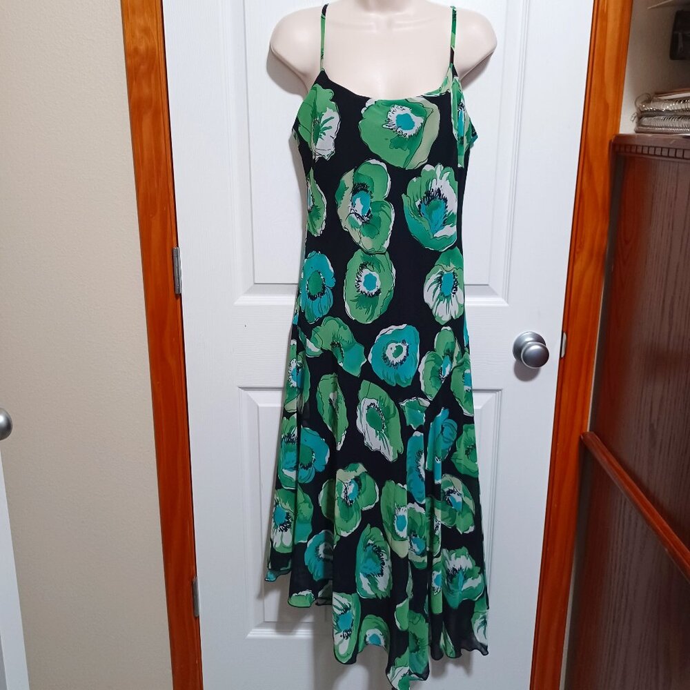 Vintage Rena Rowan Asymmetrical Spaghetti Strap Dress Green Blue Floral Size 12 - Picture 2 of 13
